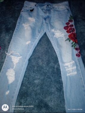 Young & Reckless Light Blue Distressed Skinny Jeans with Red Rose Embroidery